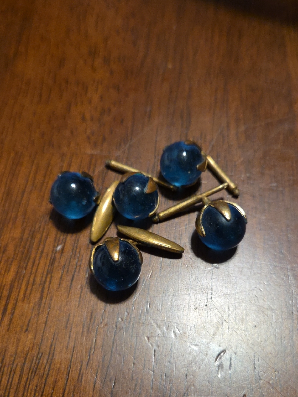 Vintage Blue Glass Cufflinks Set with Brass Mounts